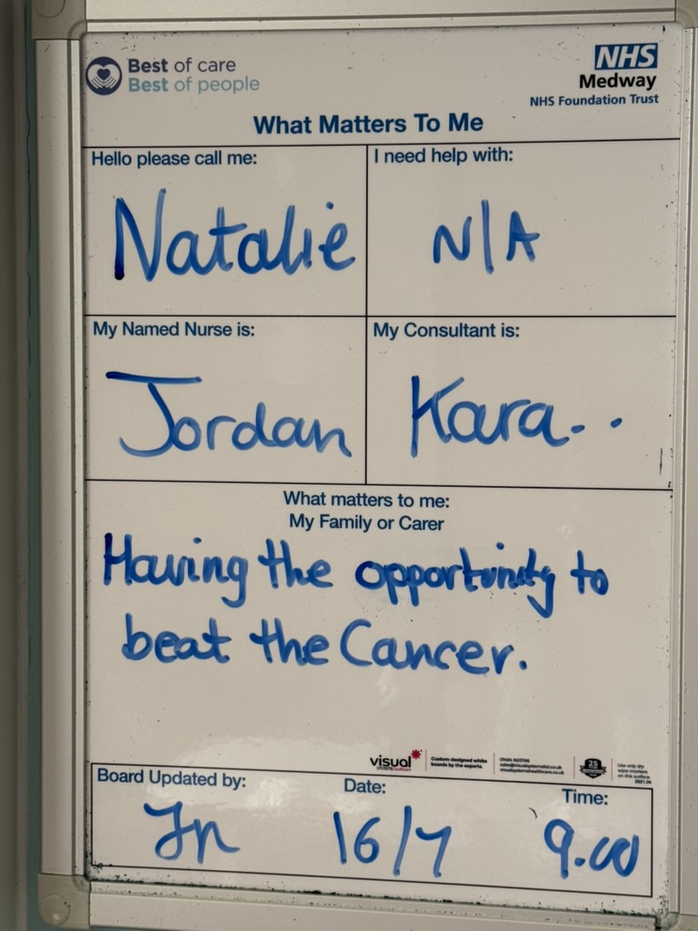 Whiteboard titled What Matters To Me with notes: Call me Natalie, I need help with N/A, My Named Nurse is Jordan, My Consultant is Kara, What matters to me: Having the opportunity to beat the cancer, Board updated by Jm on 16/7 at 9:00