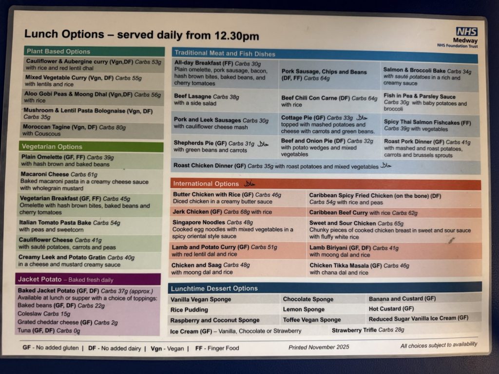 food for thought Medway NHS Lunch Options menu with a range of plant and vegetarian options, along with traditional meat and fish dishes, International options and dessert options.