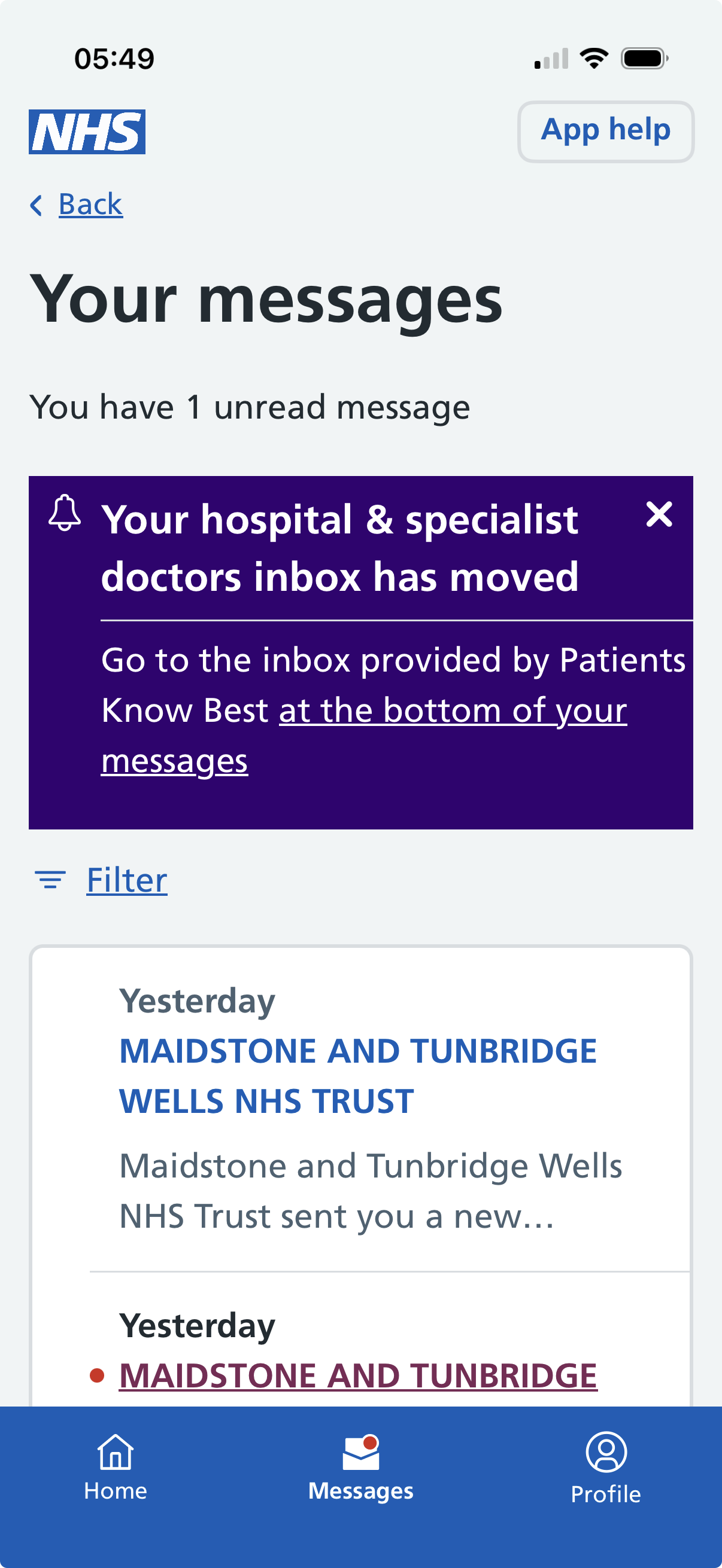 NHS app screen showing one unread message with notification that hospital and specialist doctors inbox has moved, and links for back, app help, filter, home, messages, and profile