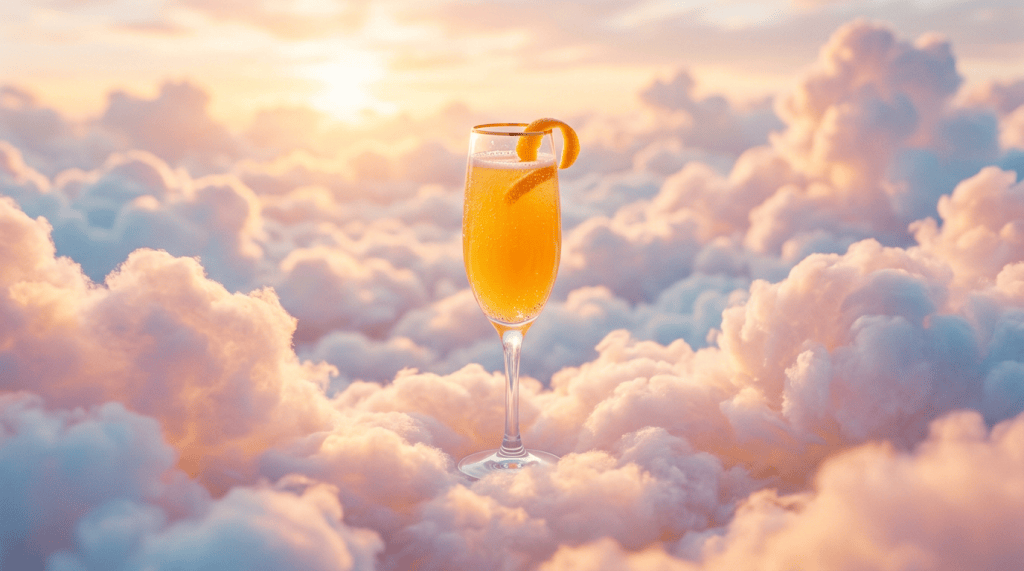 Champagne flute with orange cocktail and peel garnish among pastel clouds at sunset