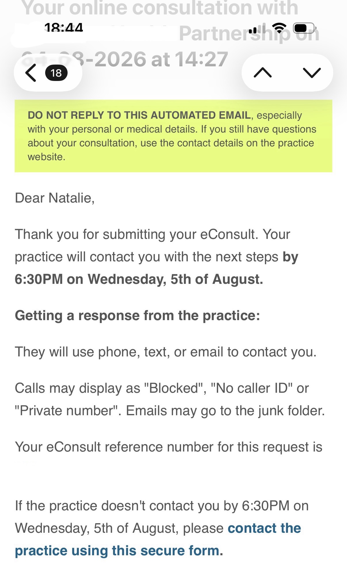 Email response to an online medical consultation form with a yellow highlighted warning not to reply to automated email with personal or medical details