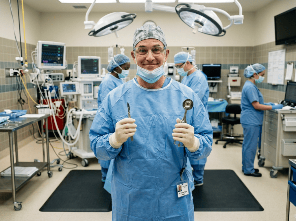 AI generated image of a surgeon in blue scrubs holding surgical instruments in an operating room